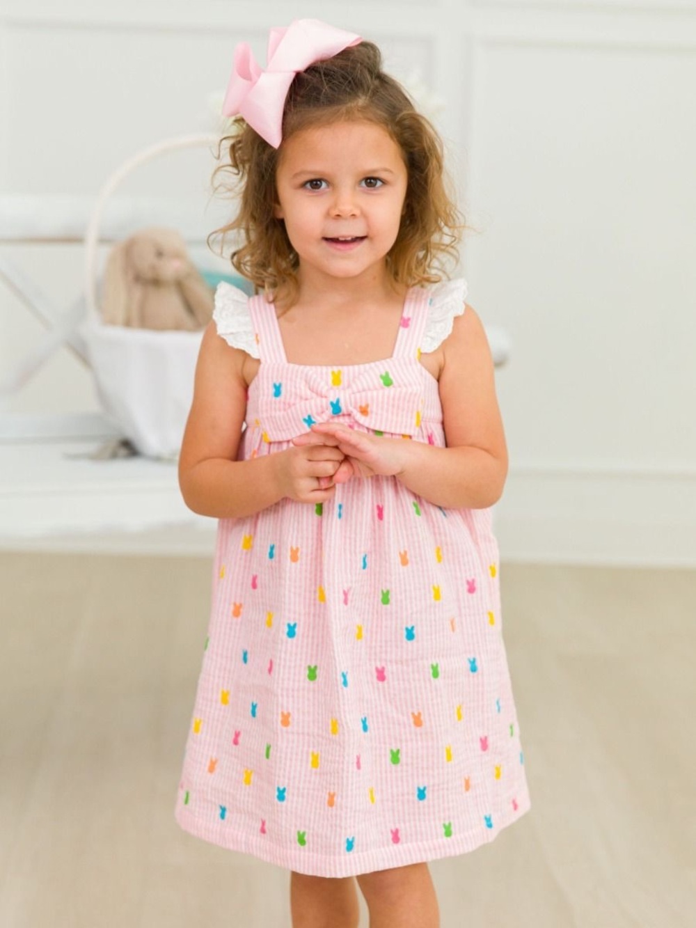 Rufflebutts Pink Bunny Stripe Cotton Gauze Flutter Bow Woven Dress 5T